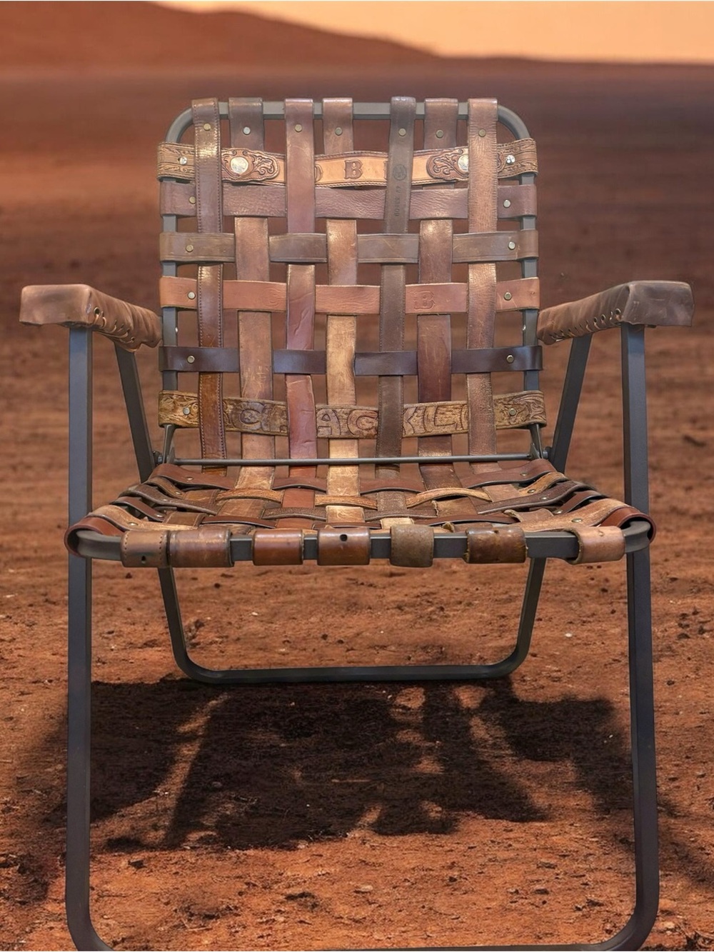 Vintage Brown Leather Woven Strap Outdoor Chair
